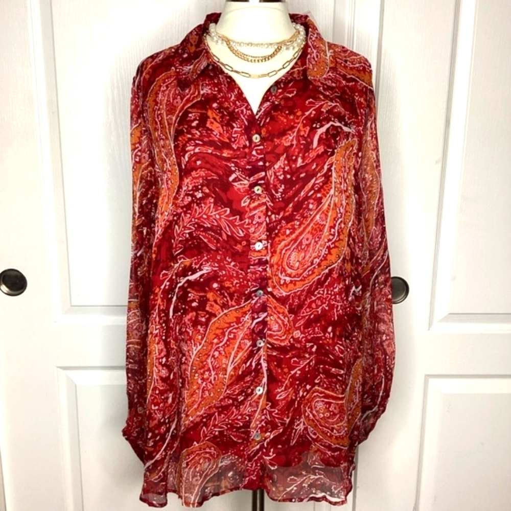 Soft Surroundings‎ Plus Size 2X Top Red Orange Leaf Print Blouse Fall NWT